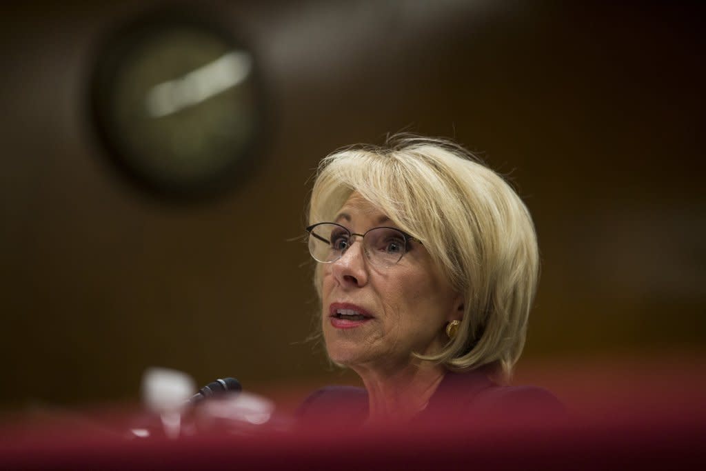 Shown here in a 2019 photo, then-U.S. Secretary of Education Betsy DeVos testifies during a Senate Labor, Health and Human Services, Education and Related Agencies Subcommittee at the U.S. Capitol in Washington, D,C.