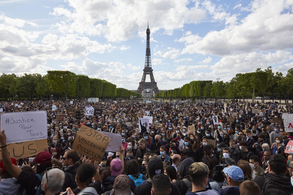 People take part in a demonstration in support of the movement Black Lives Matter, in Paris, France, on June 6, 2020 (Photo by Adnan Farzat/NurPhoto via Getty Images)