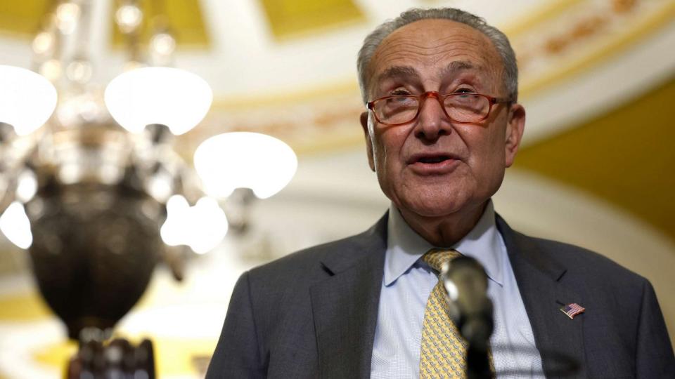 PHOTO: Senate Majority Leader Chuck Schumer speaks during a news conference at the Capitol Building on Sept. 19, 2023 in Washington, D.C. (Anna Moneymaker/Getty Images)