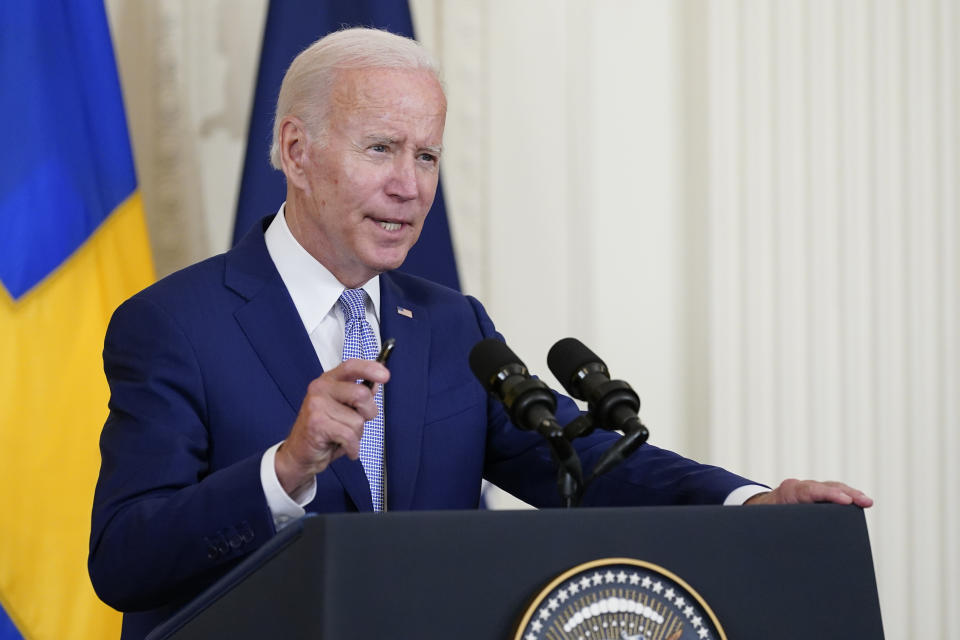 President Joe Biden speaks before signing the Instruments of Ratification for the Accession Protocols to the North Atlantic Treaty for the Republic of Finland and Kingdom of Sweden in the East Room of the White House in Washington, Tuesday, Aug. 9, 2022. The document is a treaty in support of Sweden and Finland joining NATO. (AP Photo/Susan Walsh)