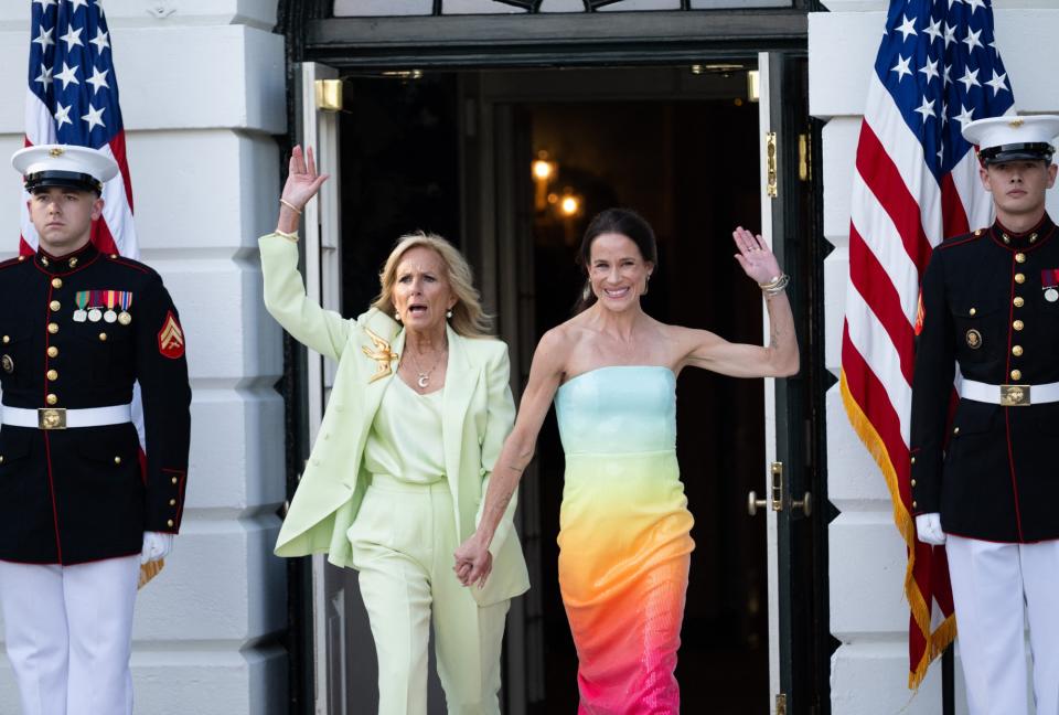 US First Lady Jill Biden (L) and daughter Ashley Biden arrive for a White House Pride Month celebration on the South Lawn of the White House in Washington DC, June 26, 2024, to showcase the contributions of the LGBTQI+ community. (Photo by SAUL LOEB / AFP) (Photo by SAUL LOEB/AFP via Getty Images)