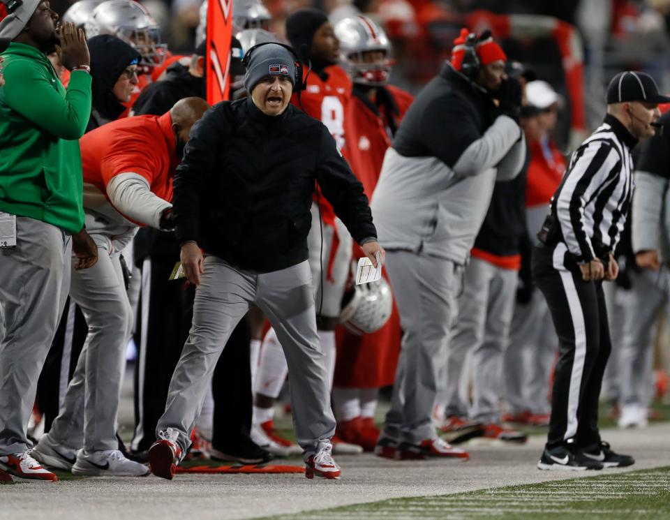 Ohio State Buckeyes secondary coach Matt Barnes yells from the sideline during the fourth quarter of the NCAA football game against the Purdue Boilermakers at Ohio Stadium in Columbus on Saturday, Nov. 13, 2021. Ohio State won 59-31.