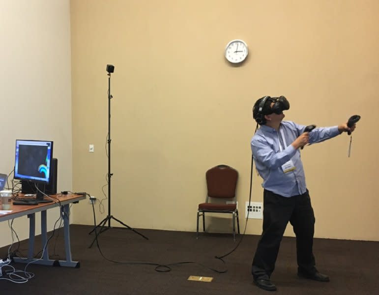 Dean Takahashi of GamesBeat plays Arcade Saga on the HTC Vive.