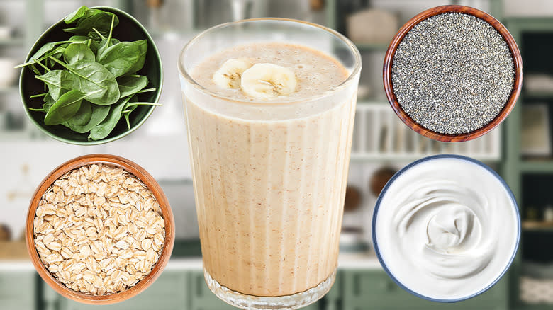 glass of banana smoothie and ingredients in bowls