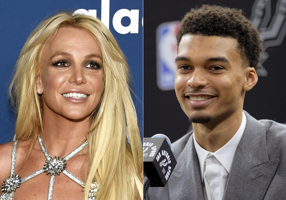 FILE - Britney Spears (left) and San Antonio Spurs NBA Basketball Draft 1st round pick Victor Wenbanyama at 6 at the 29th Annual GLAAD Media Awards in Beverly Hills, Calif., April 12, 2018 Speaking at a press conference in San Antonio on Thursday, July 24, Wenbanyama was about to enter a Las Vegas casino restaurant on Thursday, July 6, 2023, when Britney Spears grabbed her from behind and a security guard with her pulled the pop star away. He said he believed he pushed them away.  (AP Photos by Chris Pizzello, left, Eric Gay, File)