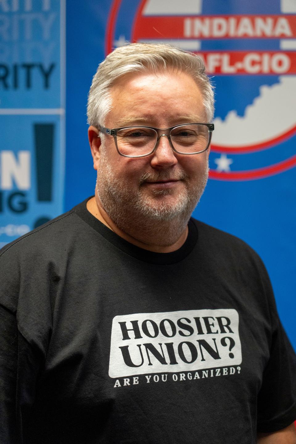 Indiana State AFL-CIO President Brett Voorhies promotes the organization’s new website, HoosierUnion.com, on Wednesday, Aug. 30, 2023 at the Indiana AFL-CIO offices in Indianapolis. Voorhies says the website will be a one-stop shop for information from labor history to workplace rights.