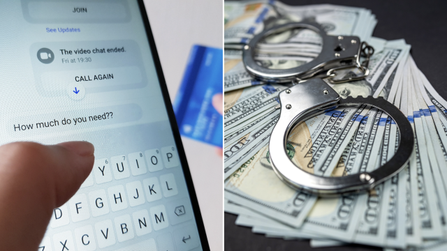 A fake friend scam text message (left) and handcuffs on a pile of cash (Photos: Getty Images)