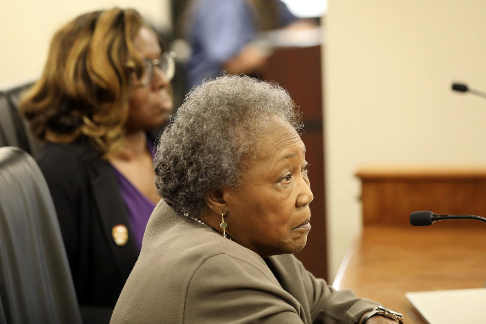 CORRECTS IDS - Emanuel AME shooting survivors Felicia Sanders, rear, and Polly Sheppard, front, speak during a South Carolina Senate subcommittee hearing on a hate crimes bill, Tuesday, March 28, 2023, in Columbia, S.C. (AP Photo/Jeffrey Collins)