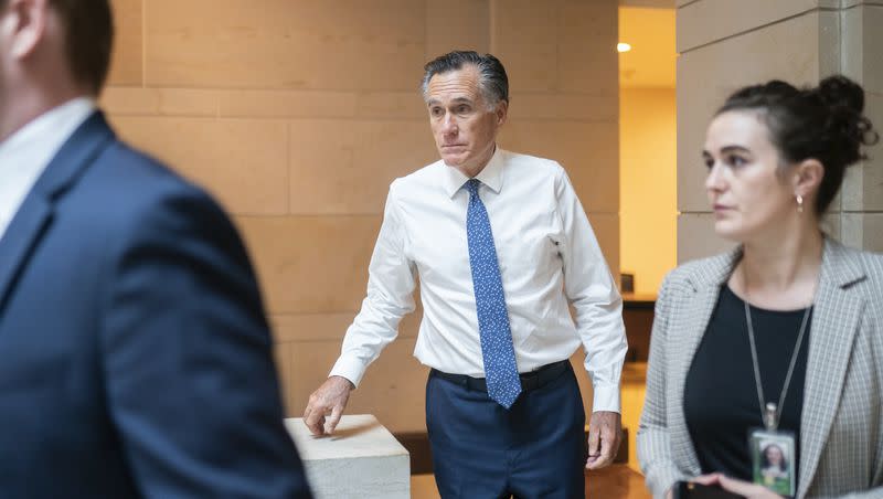 Sen. Mitt Romney, R-Utah, departs a classified briefing for senators on Israel and Gaza at the Capitol in Washington on Oct. 18, 2023.