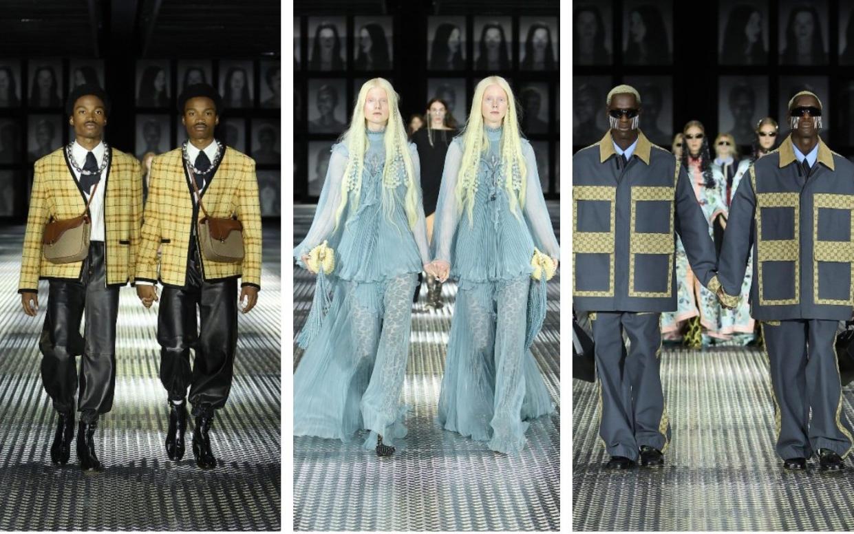 For the first half, the twins had walked separately down two different catwalks for two audiences who didn’t know about the existence of the other - GUCCI HANDOUT/EPA-EFE/Shutterstock