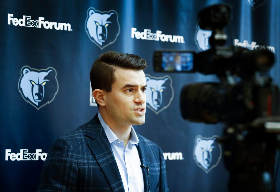 Zach Kleiman, the Memphis Grizzlies' new executive VP of basketball operations talks to the media during a press conference at the FedExFourm April 12, 2019