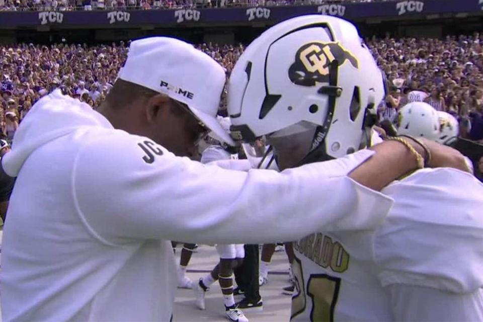 <p>ESPN/Sportscenter</p> Deion Sanders stands next to son Shilo ahead of his debut in Colorado.