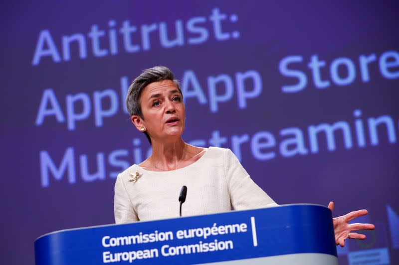 EU's Vestager holds a news conference on Apple anti-trust complaint