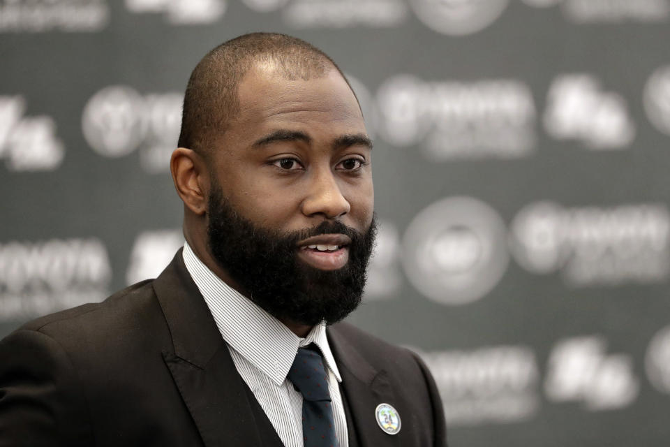 Former New York Jets cornerback Darrelle Revis speaks during a news conference officially announcing his retirement from NFL football, Tuesday, July 24, 2018, in Florham Park, N.J. Revis leaves behind an 11-season career that included four All-Pro selections and a Super Bowl win with the New England Patriots. (AP Photo/Julio Cortez)