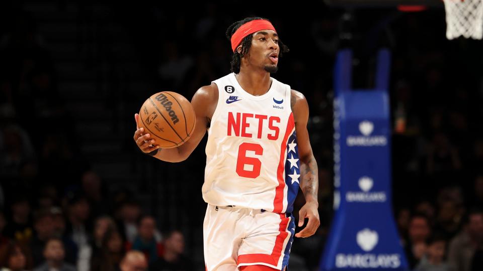 Guard David Duke Jr. dribbles up the court for the Brooklyn Nets during a game against the Philadelphia 76ers in April.