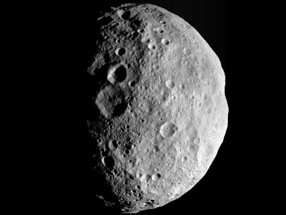 This image is from the last sequence of images NASA's Dawn spacecraft obtained of the giant asteroid Vesta, looking down at Vesta's north pole as it was departing Sept. 5, 2012.