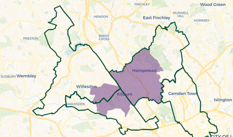 Hampstead and Highgate constituency map. Purple shaded area: Current constituency boundary. Green outlines new constituency boundaries (© OpenStreetMap contributors | © CARTO)