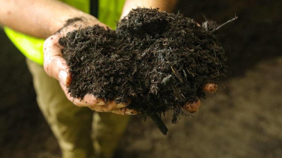 The finished compost is ready after 21 days of cooling, releasing ammonia and screening down to 0.7 inch length outside the digester at Kompogas San Luis Obispo. The dry anaerobic digestion plant owned and operated by HZI processes about 100 tons of green waste a day, generating enough electric power for 600 homes and compost.