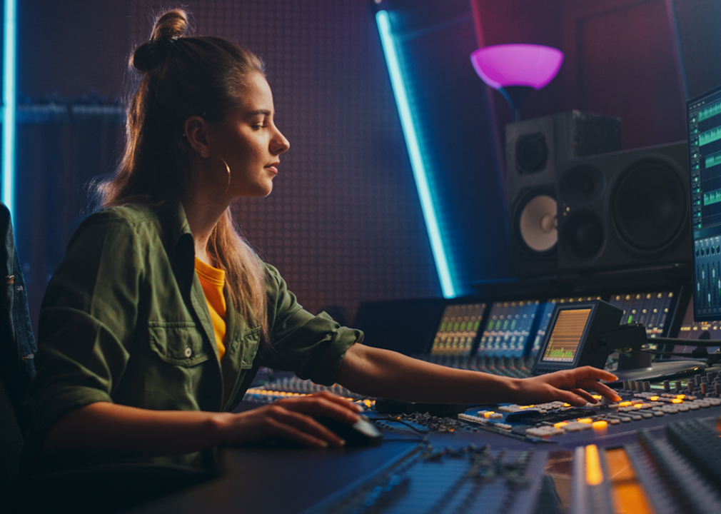 Sound technician working in recording studio.