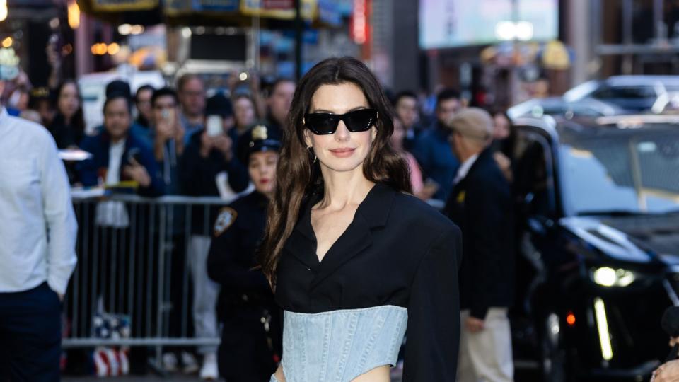 new york, new york october 03 anne hathaway is seen in midtown on october 03, 2023 in new york city photo by gothamgc images