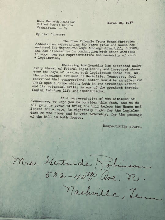 The Blue Triangle wrote a letter to advocate for an Anti-Lynching Bill in 1937 <em>(Photo: YWCA)</em>