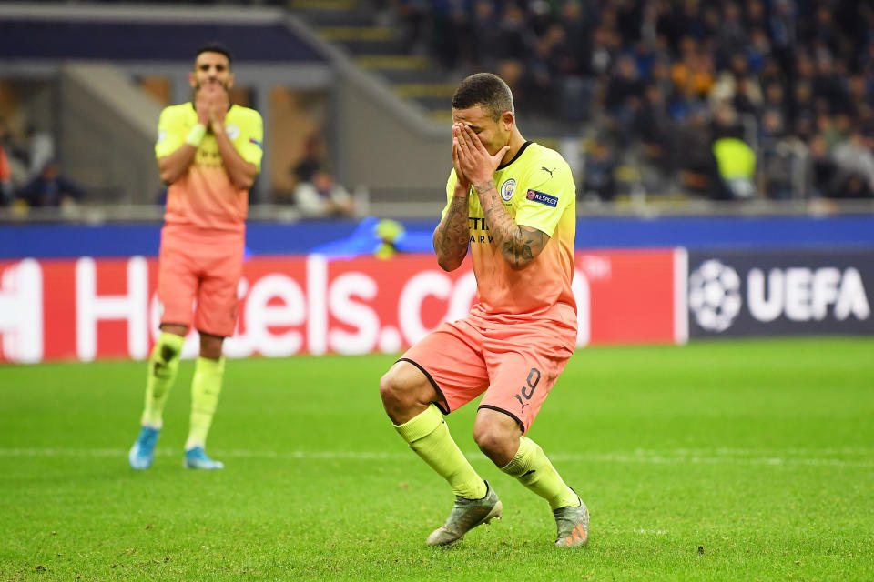 MILAN, ITALY - NOVEMBER 06: Gabriel Jesus of Manchester City reacts after missing a penalty  during the UEFA Champions League group C match between Atalanta and Manchester City at Stadio Giuseppe Meazza on November 06, 2019 in Milan, Italy. (Photo by Michael Regan/Getty Images)