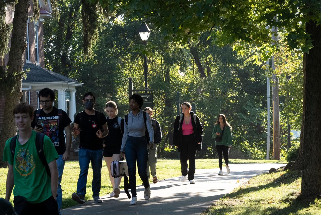 Sep 21, 2023; Athens, Ohio, United States; Students walk on the Ohio University Campus near College Green in Athens, Ohio.