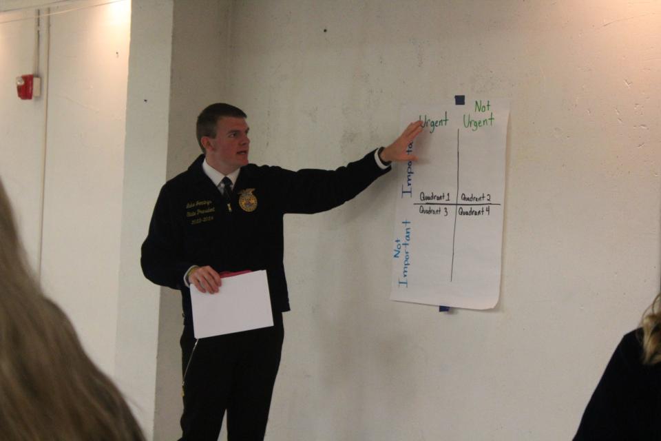 Ohio FFA President and Ohio State University Student Luke Jennings teaches Zane Trace, Adena and Southeastern FFA students about prioritization at the Calvary Lutheran Church in Chillicothe, Ohio, on Oct. 2, 2023