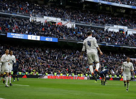 Football Soccer - Real Madrid v Malaga - Spanish La Liga Santander - Santiago Bernabeu stadium, Madrid, Spain - 21/01/17. Real Madrid's Sergio Ramos celebrates his second goal. REUTERS/Javier Barbancho