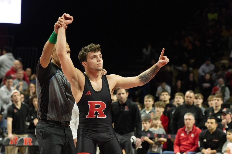 Rutgers wrestler Dylan Shawver wins a match against Ohio State in February.