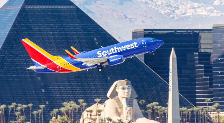 Southwest Airlines logo on aircraft that is taking off from McCarran in Las Vegas, NV.