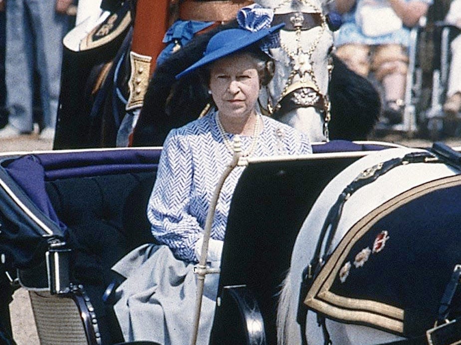 Queen Elizabeth wearing blue at Trooping the Colour in 1989