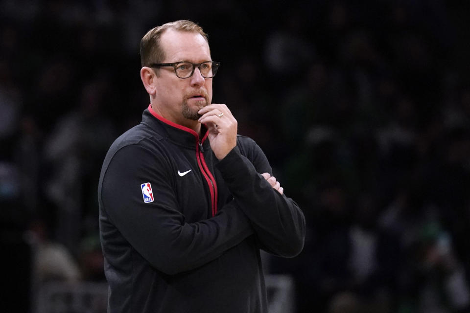 Toronto Raptors coach Nick Nurse watches play during the first half of the team's NBA preseason basketball game against the Boston Celtics, Wednesday, Oct. 5, 2022, in Boston. (AP Photo/Charles Krupa)