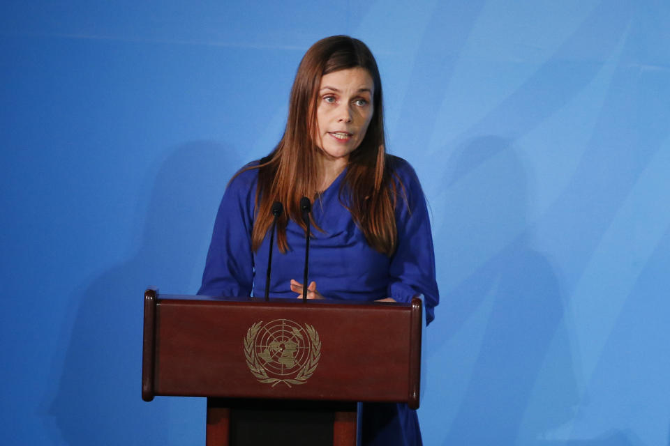 Iceland's Prime Minister Katrin Jakobsdottir addresses the Climate Action Summit in the United Nations General Assembly, at U.N. headquarters, Monday, Sept. 23, 2019. (AP Photo/Jason DeCrow)