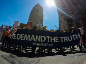 <p>Demonstrators march as they take part in an anti-Trump “March for Truth” on June 3, 2017 in New York City. (Photo: Eduardo Munoz Alvarez/Getty Images) </p>