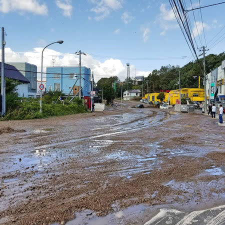 Mud covers the road in Hokkaido, Japan September 6, 2018 in this image obtained from social media. Instagram @TAKA_RR via REUTERS