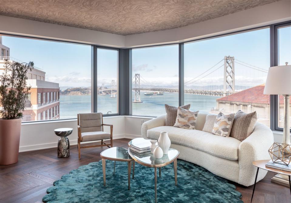 A view from the model unit shows the surrounding water and Bay Bridge.