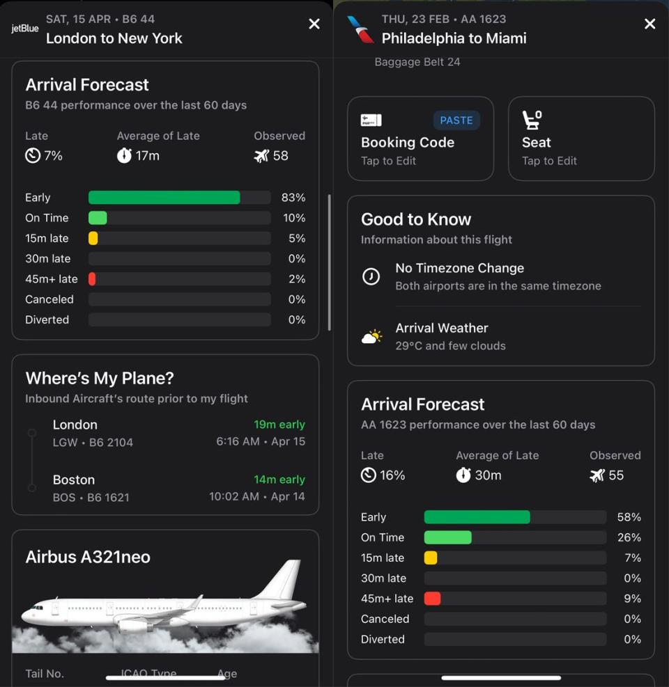 Flighty screenshots show flight data for a flight to New York (left) and Miami (right).