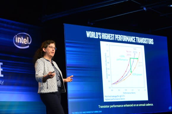 Intel Fellow Ruth Brain presenting technical details about the company's 14nm++ technology.