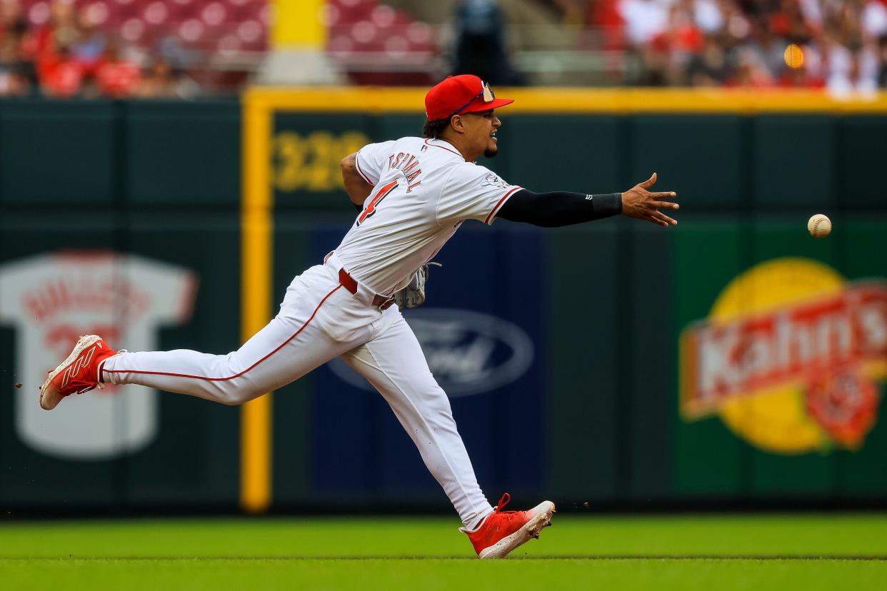 Jun 23, 2024; Cincinnati, Ohio, USA; Cincinnati Reds third baseman Santiago Espinal (4) throws to second to get Boston Red Sox outfielder Tyler O'Neill (not pictured) out in the first inning at Great American Ball Park.