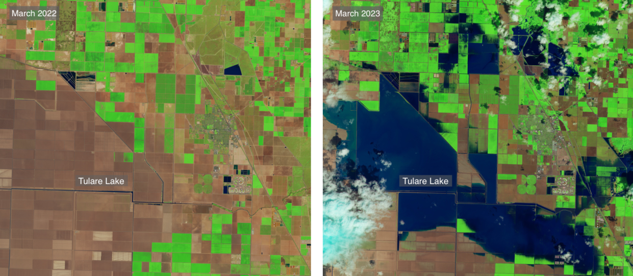 The footprint of Tulare Lake in March 2022 and March 2023, after floodwaters inundated the area. Yale Environment 360 / NASA