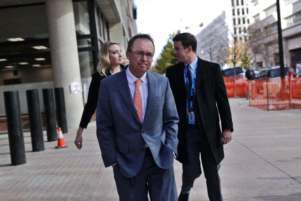 Office of Management and Budget Director Mick Mulvaney leaves the Consumer Financial Protection Bureau (CFPB) building after a meeting in downtown Washington D.C., U.S. November 27, 2017. REUTERS/Carlos Barria