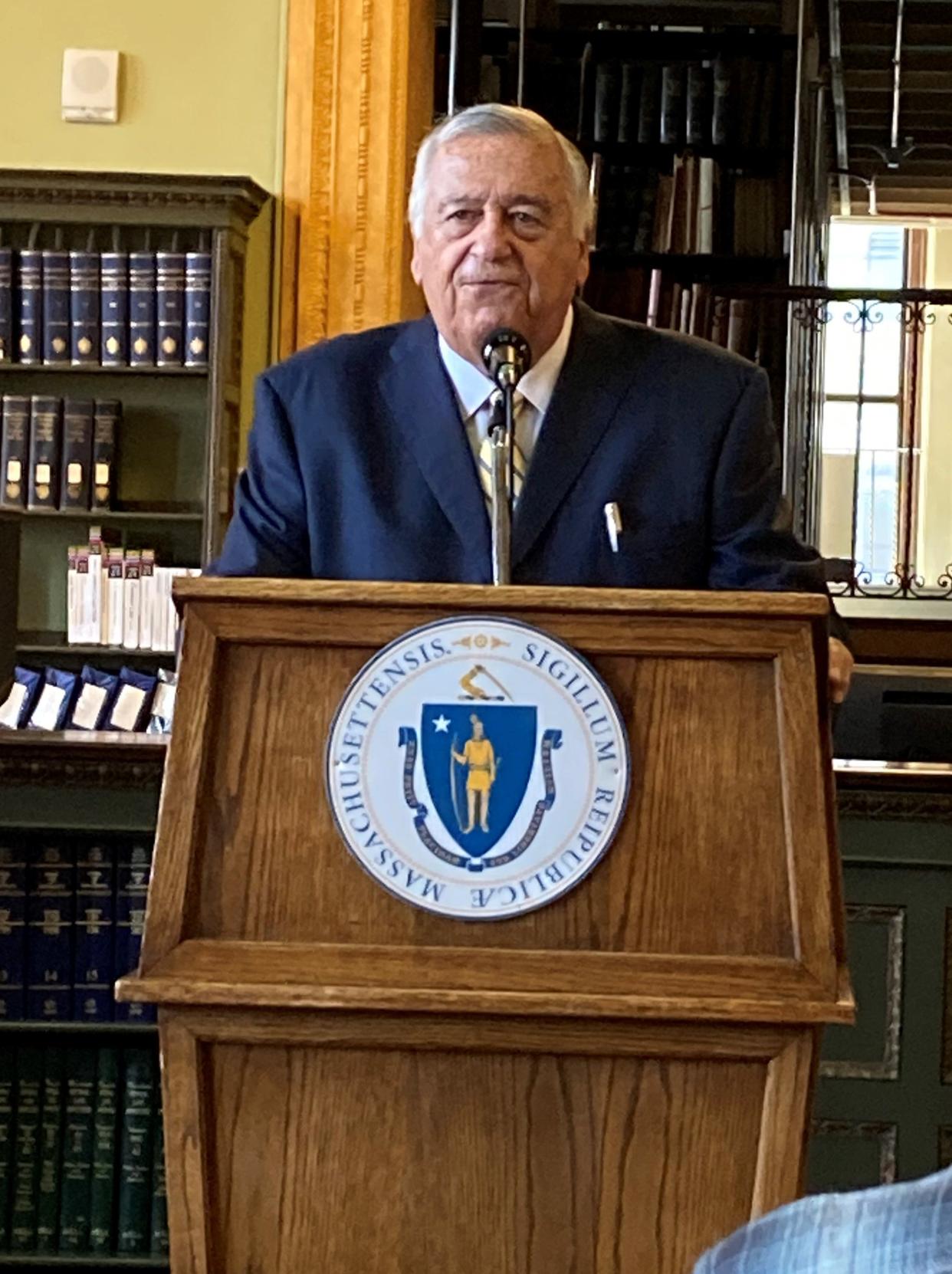 House Speaker Ronald Mariano, D-Quincy presents the Massachusetts House fiscal 2025 budget at a press conference Wednesday.