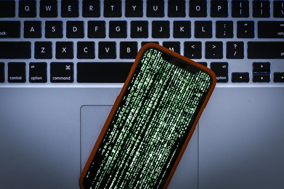 Matrix style graphics are seen on an Apple iPhone in this photo illustration on January 22, 2019. (Photo by Jaap Arriens / Sipa USA)