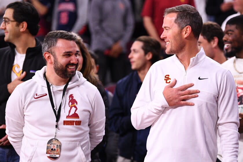 LOS ANGELES, CA - MARCH 01: USC football head coach Lincoln Riley looks on.