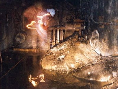 The corium created at Chernobyl eventually solidified into a lump known as the ‘elephant’s foot’. <a href="https://en.wikipedia.org/wiki/Elephant%27s_Foot_(Chernobyl)#/media/File:Chernobyl_Elephant's_Foot.jpg" rel="nofollow noopener" target="_blank" data-ylk="slk:Artur Korneyev / Wikimedia;elm:context_link;itc:0;sec:content-canvas" class="link ">Artur Korneyev / Wikimedia</a>, <a href="http://creativecommons.org/licenses/by-sa/4.0/" rel="nofollow noopener" target="_blank" data-ylk="slk:CC BY-SA;elm:context_link;itc:0;sec:content-canvas" class="link ">CC BY-SA</a>