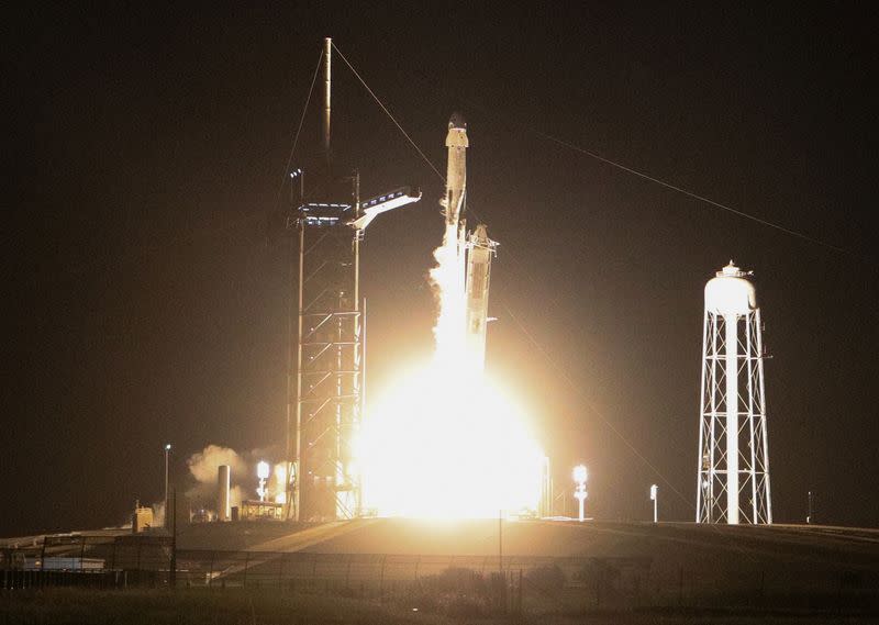 A Falcon 9 rocket lifts off on NASA's SpaceX Crew-7 mission