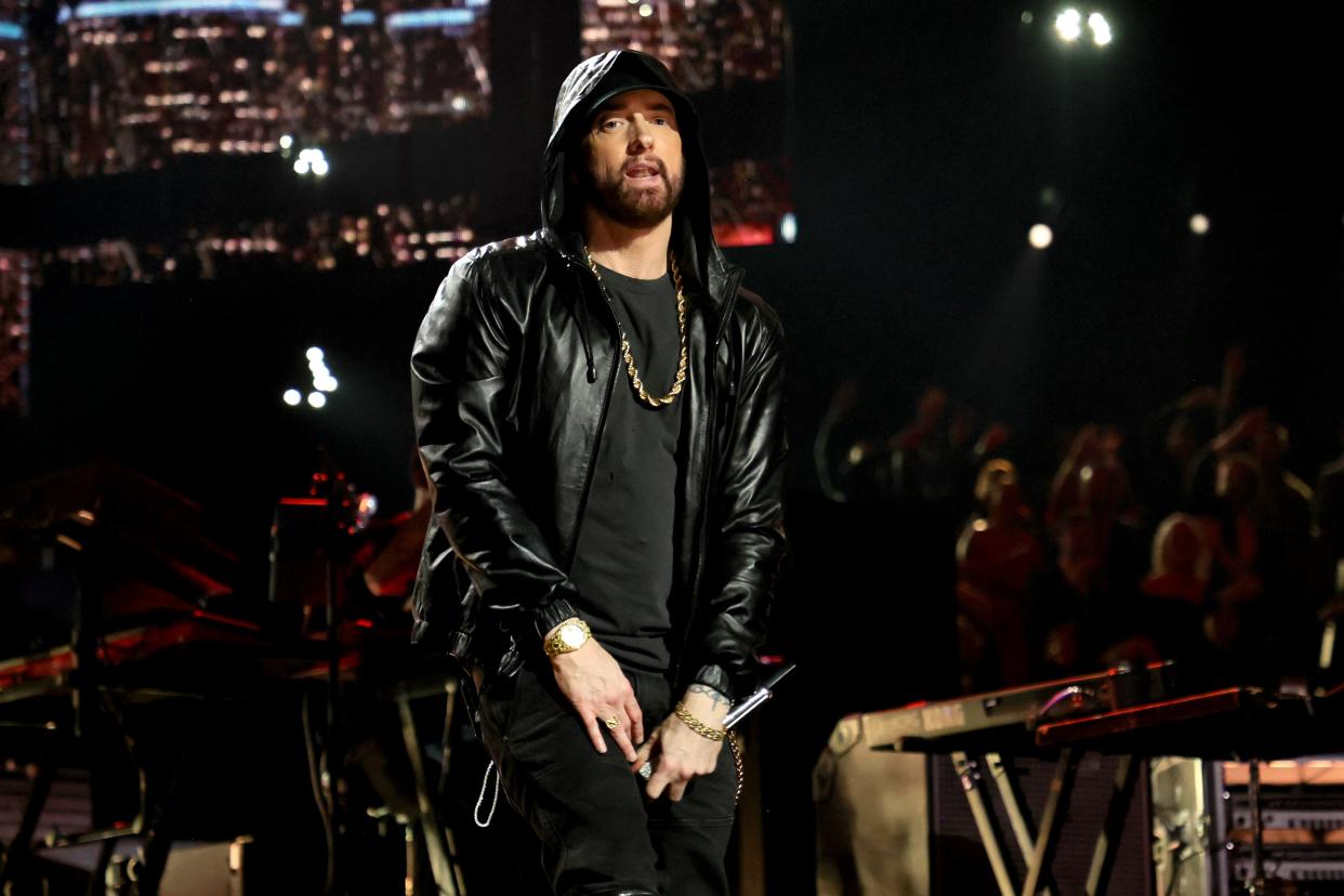 Eminem performs during the Rock & Roll Hall of Fame Induction Ceremony on Nov. 5, 2022.