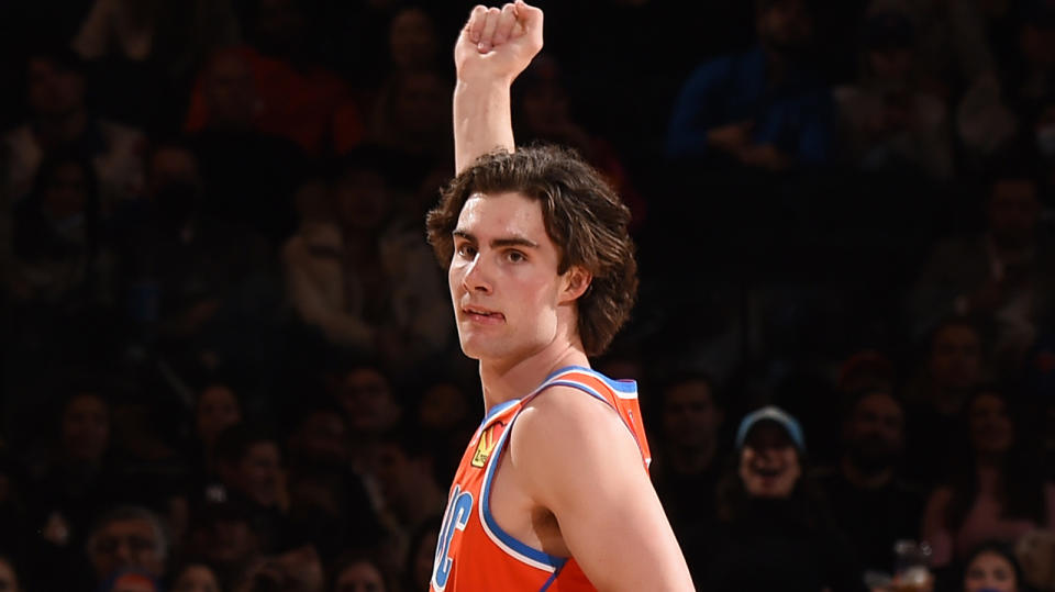 Josh Giddey continued his stellar rookie season in OKC's overtime win over New York on Tuesday. (Photo by Brian Babineau/NBAE via Getty Images)