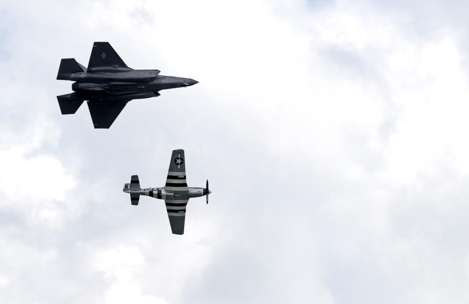 An United States Air Force Heritage Flight flies over the 2023 Kentucky Derby Festival's Thunder Over Louisville airshow featured dozens of civilian and military aircraft on Saturday, April 22, 2023.